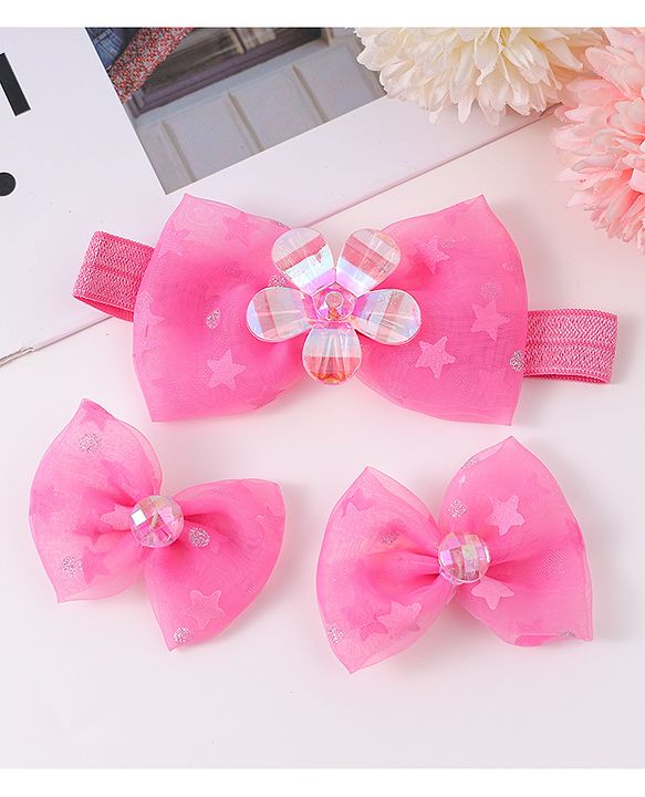 Babyhug Headband & Clips with Bow Applique Accessories Set - Fuchsia