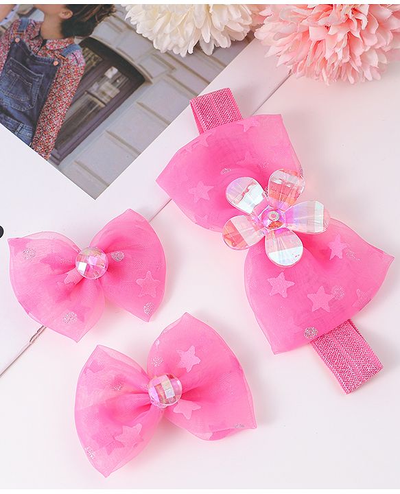 Babyhug Headband & Clips with Bow Applique Accessories Set - Fuchsia