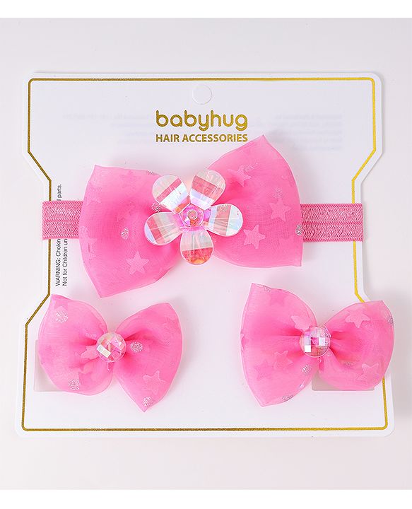 Babyhug Headband & Clips with Bow Applique Accessories Set - Fuchsia