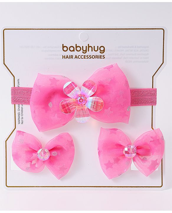 Babyhug Headband & Clips with Bow Applique Accessories Set - Fuchsia