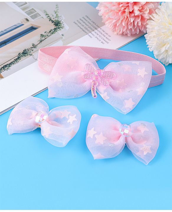 Babyhug Headband & Clips with Bow Applique Accessories Set - Pink