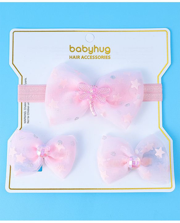 Babyhug Headband & Clips with Bow Applique Accessories Set - Pink