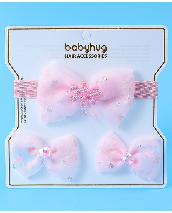 Babyhug Headband & Clips with Bow Applique Accessories Set - Pink