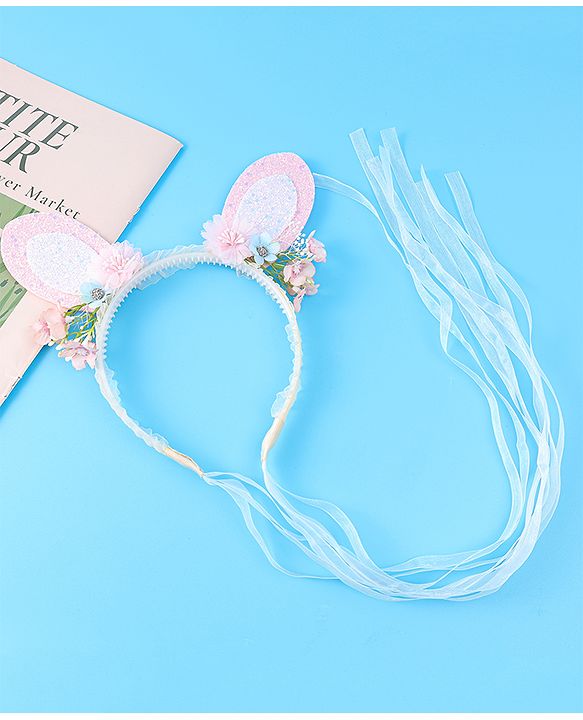 Babyhug Free Size Hair Band With Floral & Bunny Ear Applique With String - White & Pink