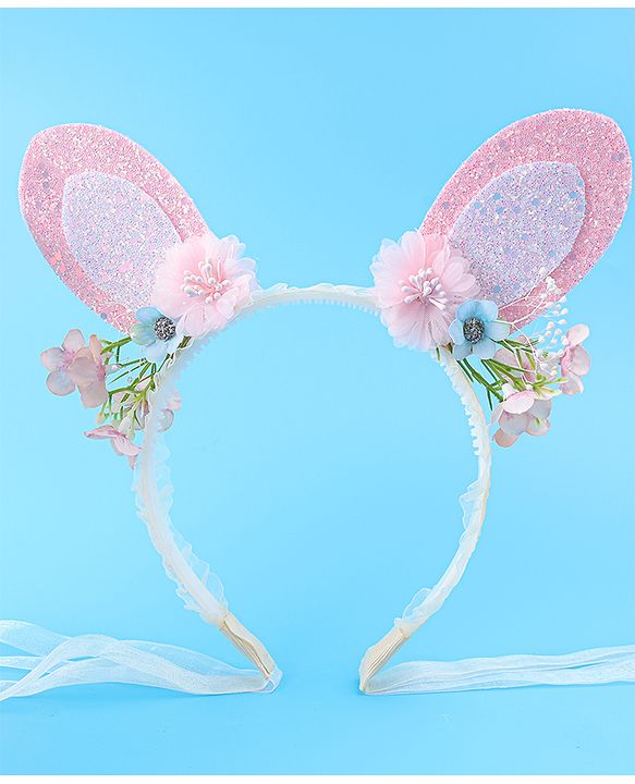 Babyhug Free Size Hair Band With Floral & Bunny Ear Applique With String - White & Pink
