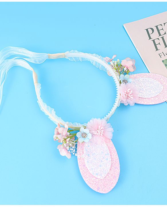 Babyhug Free Size Hair Band With Floral & Bunny Ear Applique With String - White & Pink