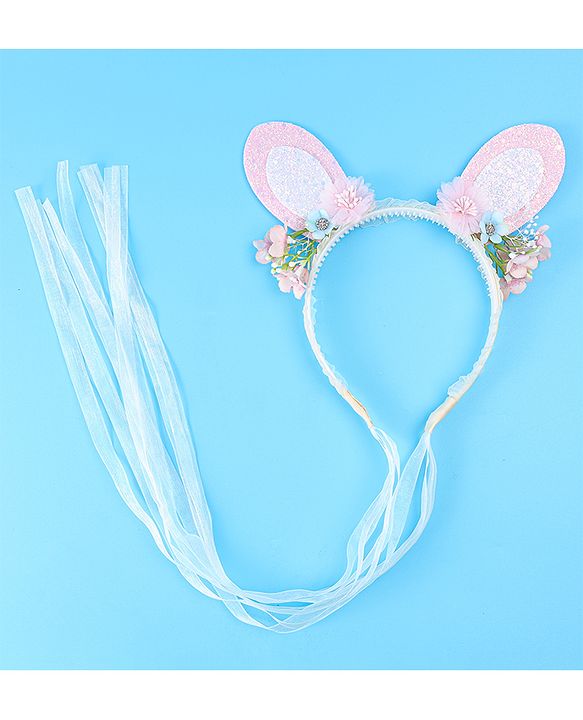 Babyhug Free Size Hair Band With Floral & Bunny Ear Applique With String - White & Pink