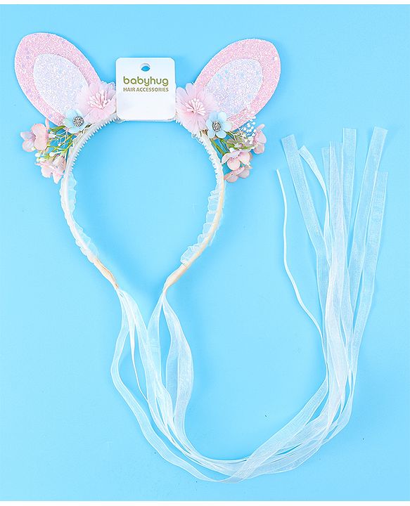 Babyhug Free Size Hair Band With Floral & Bunny Ear Applique With String - White & Pink