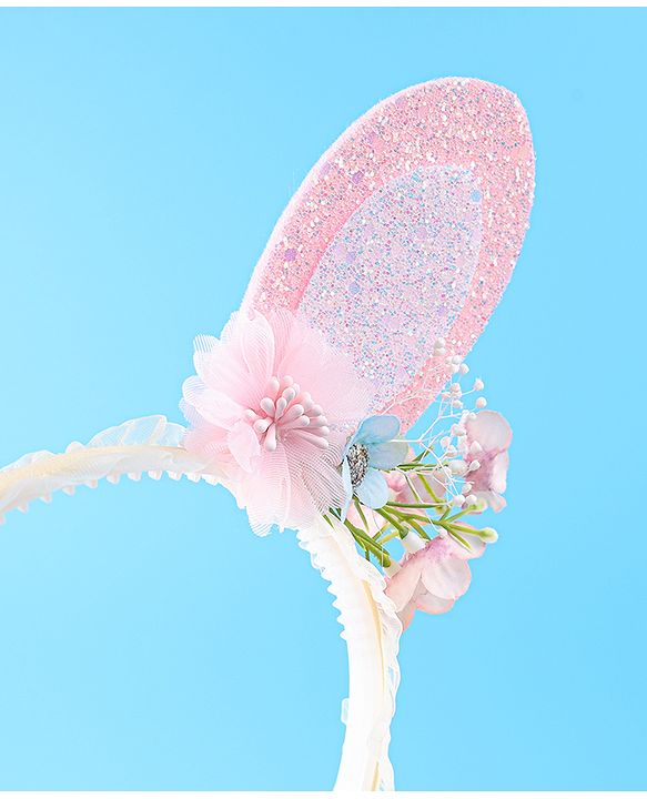 Babyhug Free Size Hair Band With Floral & Bunny Ear Applique With String - White & Pink