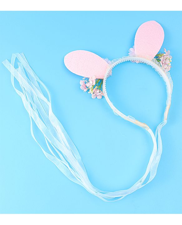 Babyhug Free Size Hair Band With Floral & Bunny Ear Applique With String - White & Pink