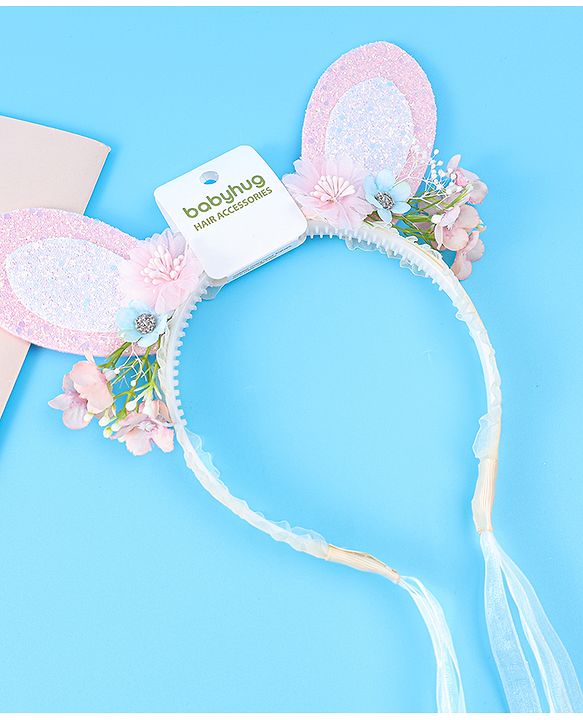 Babyhug Free Size Hair Band With Floral & Bunny Ear Applique With String - White & Pink