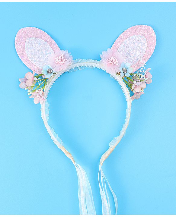 Babyhug Free Size Hair Band With Floral & Bunny Ear Applique With String - White & Pink