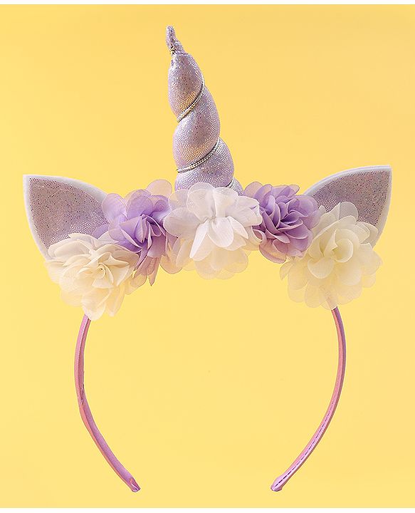 Babyhug Free Size Hair Band With Unicorn & Floral Applique - Purple