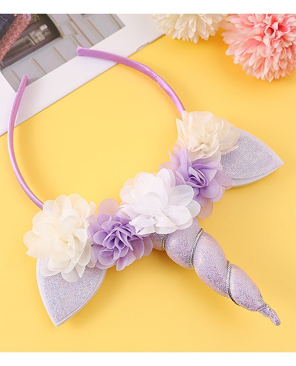 Babyhug Free Size Hair Band With Unicorn & Floral Applique - Purple