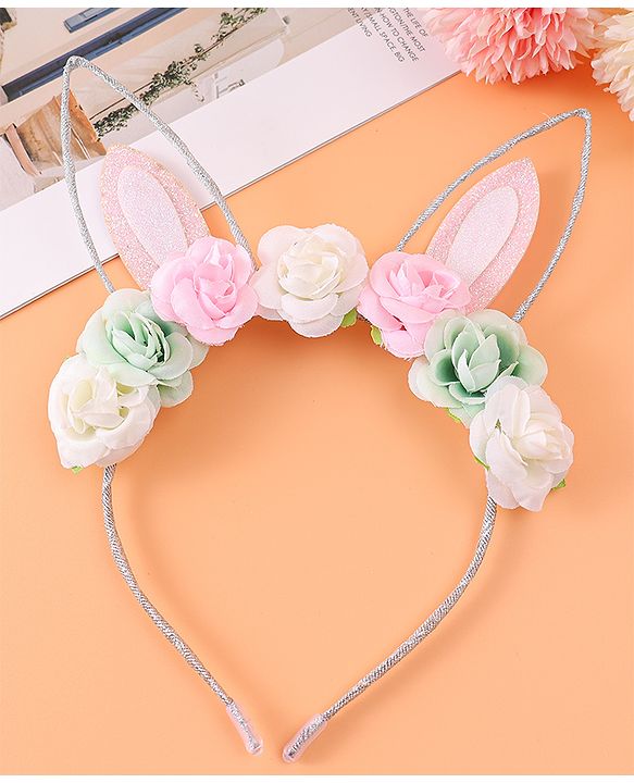 Babyhug Free Size Hair Band With Bunny Ear & Floral Applique - Multicolour