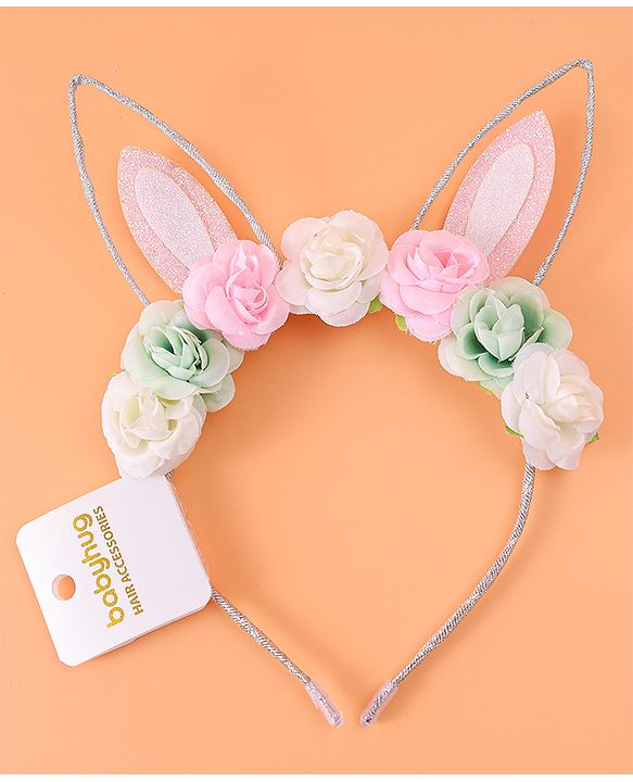 Babyhug Free Size Hair Band With Bunny Ear & Floral Applique - Multicolour