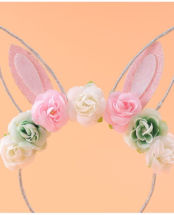 Babyhug Free Size Hair Band With Bunny Ear & Floral Applique - Multicolour