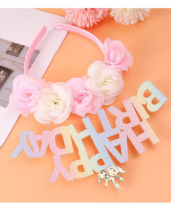 Babyhug Free Size Hair Band With Happy Birthday Text & Floral Applique - Multicolour