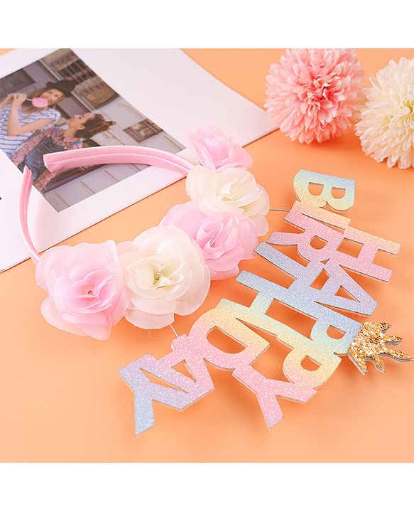 Babyhug Free Size Hair Band With Happy Birthday Text & Floral Applique - Multicolour