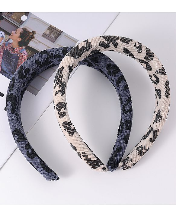 Pine Kids Free Size Hair Bands With Cheetah Print Pack Of 2 - Beige & Blue