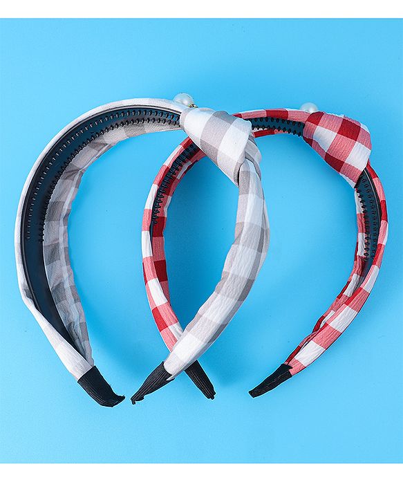 Pine Kids Free Size Hair Bands With Checks Print & Pearl Detailing Pack Of 2 - Red & Beige