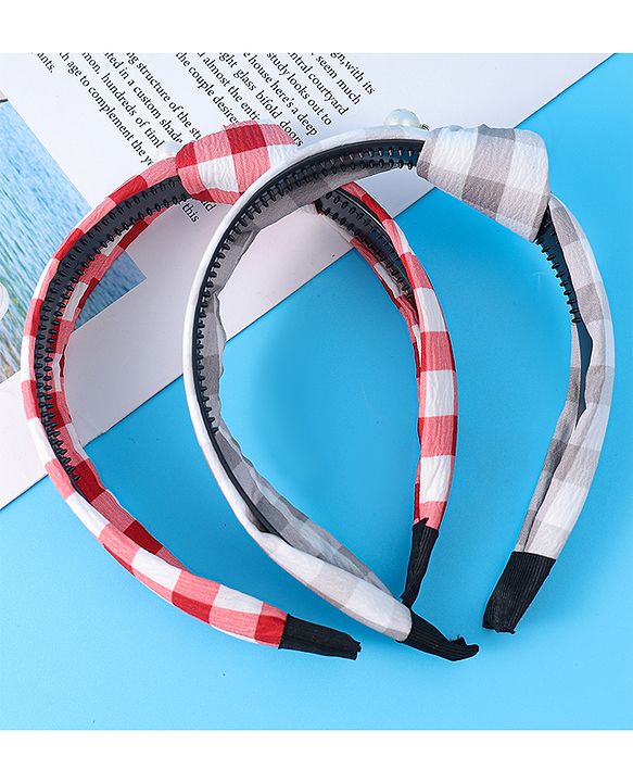Pine Kids Free Size Hair Bands With Checks Print & Pearl Detailing Pack Of 2 - Red & Beige