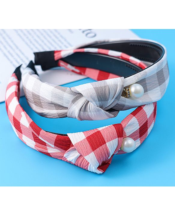 Pine Kids Free Size Hair Bands With Checks Print & Pearl Detailing Pack Of 2 - Red & Beige