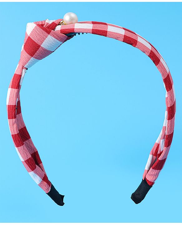 Pine Kids Free Size Hair Bands With Checks Print & Pearl Detailing Pack Of 2 - Red & Beige