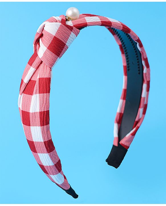 Pine Kids Free Size Hair Bands With Checks Print & Pearl Detailing Pack Of 2 - Red & Beige