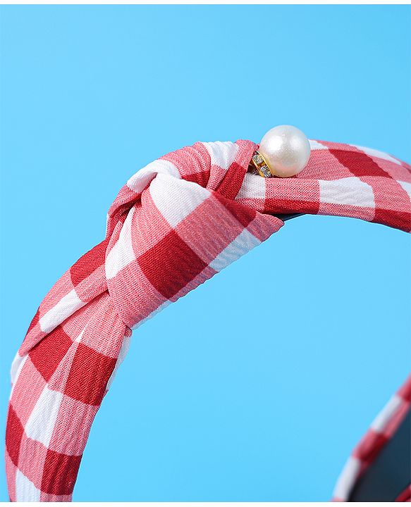 Pine Kids Free Size Hair Bands With Checks Print & Pearl Detailing Pack Of 2 - Red & Beige