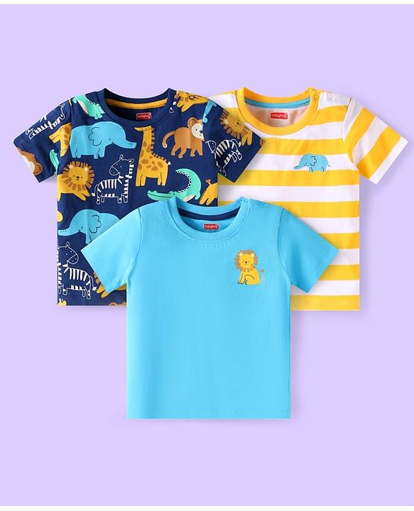 Babyhug Cotton Knit Half Sleeves T-Shirts With Animal Print Pack of 3 - Yellow Light & Navy Blue