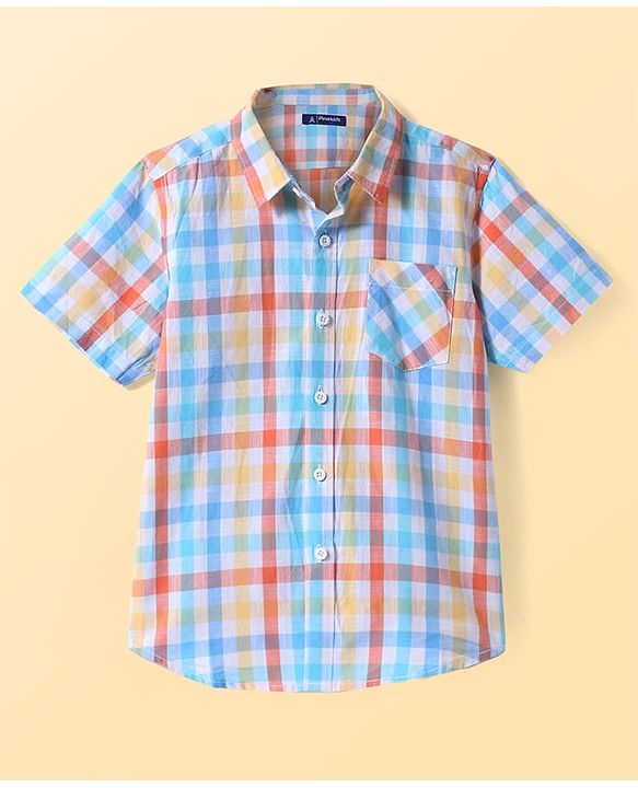 Pine Kids Cotton Woven Half Sleeves Checks Shirt With Printed T-Shirt - Light Blue & White