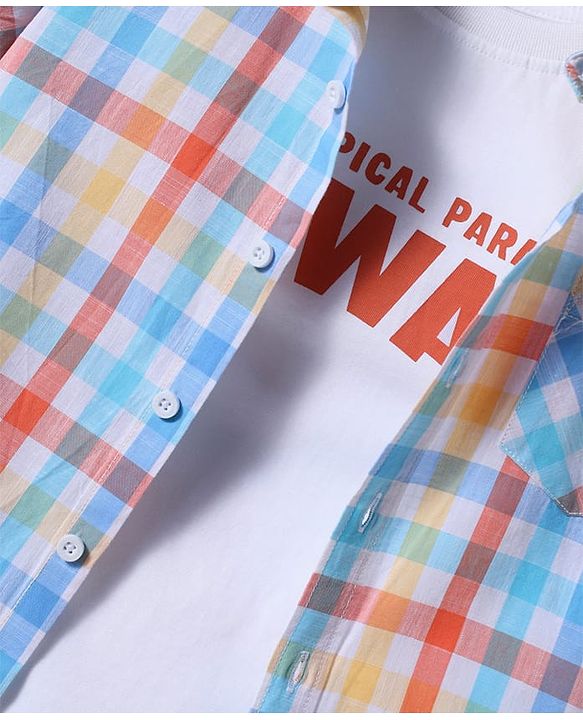 Pine Kids Cotton Woven Half Sleeves Checks Shirt With Printed T-Shirt - Light Blue & White
