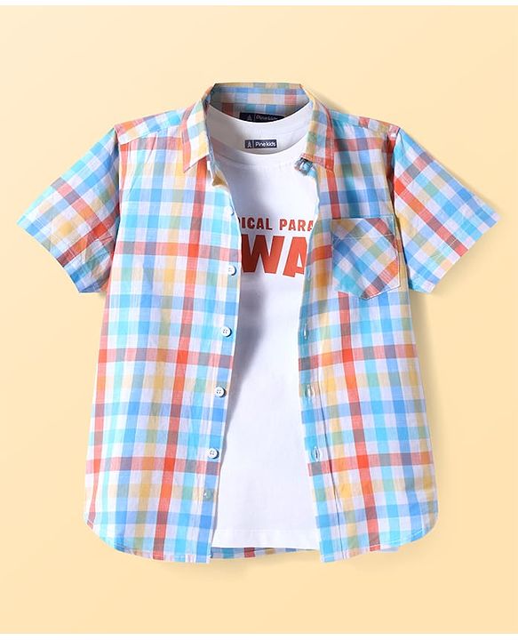 Pine Kids Cotton Woven Half Sleeves Checks Shirt With Printed T-Shirt - Light Blue & White
