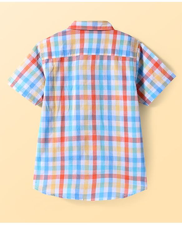 Pine Kids Cotton Woven Half Sleeves Checks Shirt With Printed T-Shirt - Light Blue & White