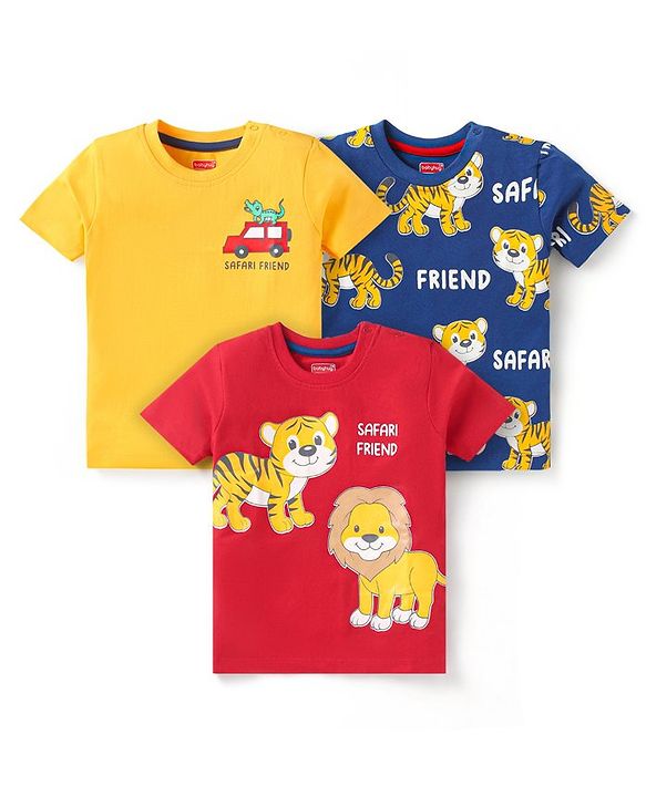 Babyhug Cotton Knit Half Sleeves T-Shirts with Animal Prints Pack of 3 - Red Yellow & Blue