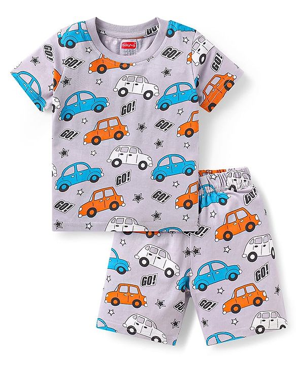 Babyhug Cotton Knit Half Sleeves Short Night Suit  with Car Print - Grey