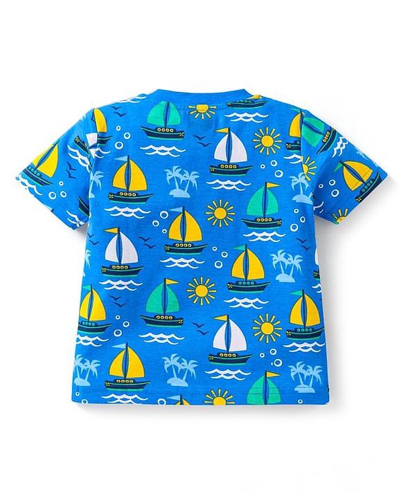Babyhug Cotton Knit Half Sleeves Shorts Night Suit With Beach Theme Print - Blue