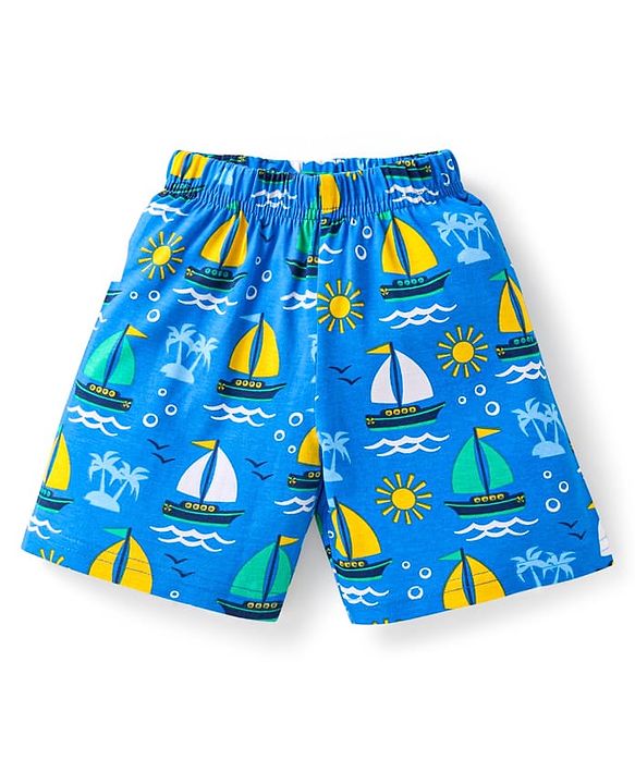 Babyhug Cotton Knit Half Sleeves Shorts Night Suit With Beach Theme Print - Blue