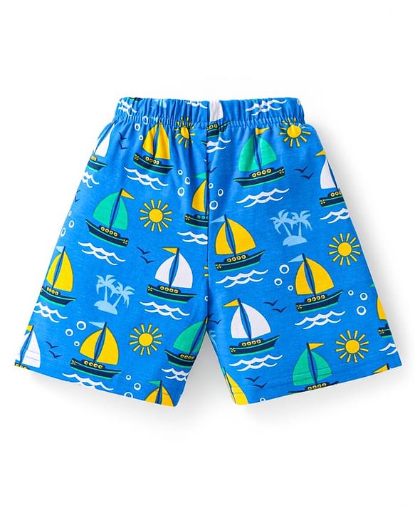 Babyhug Cotton Knit Half Sleeves Shorts Night Suit With Beach Theme Print - Blue