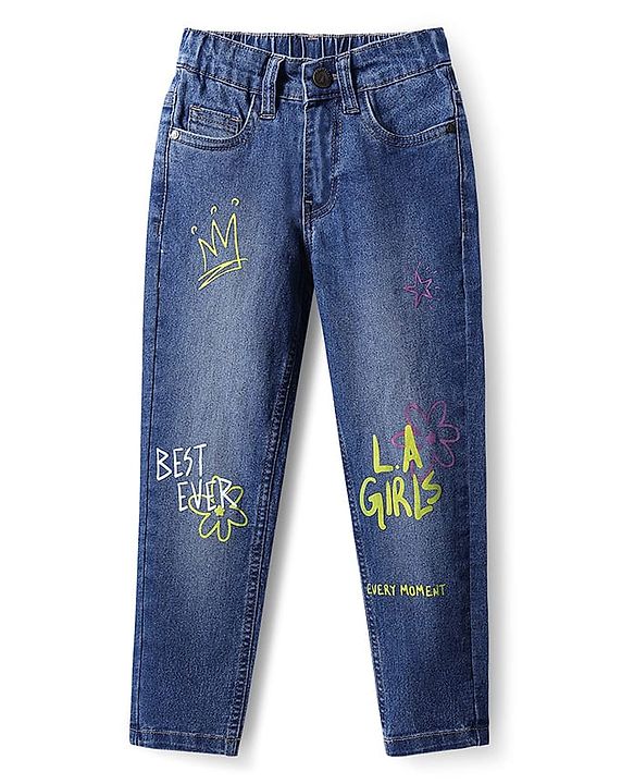 Pine Kids Denim Woven Full Length Washed Jeans With Text Print - Blue