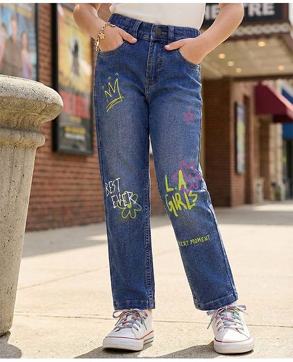 Pine Kids Denim Woven Full Length Washed Jeans With Text Print - Blue