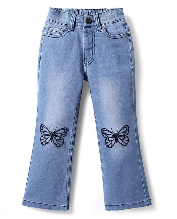Pine Kids Denim Woven Full Length Washed Jeans With Butterfly Embroidery - Blue