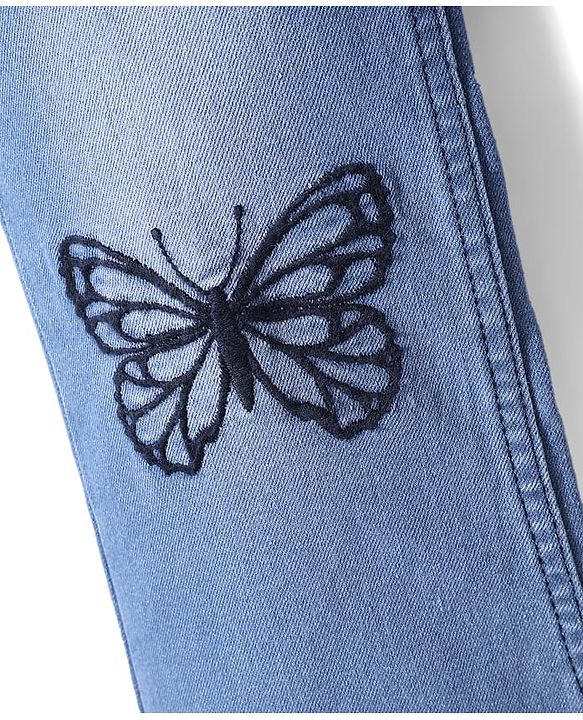 Pine Kids Denim Woven Full Length Washed Jeans With Butterfly Embroidery - Blue
