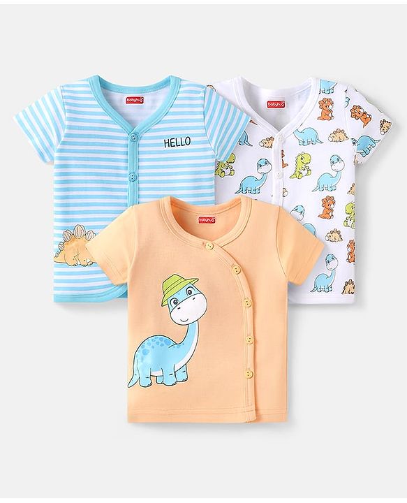 Babyhug 100%  Cotton Knit Half Sleeves Front Open Vests with Stripes & Animal Print Pack of 3 - Sky Blue Peach & Sky Blue