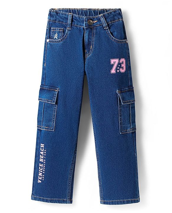 Pine Kids Denim Woven Full Length Jeans with Venice Beach Text Print - Navy Blue