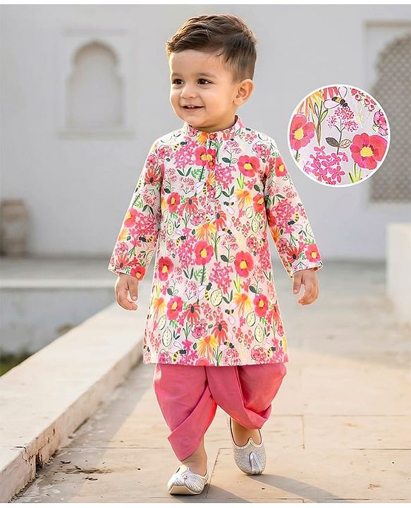 Babyhug Cotton Woven Full Sleeves Floral Printed Kurta with Solid Colour Dhoti Set - Pink & White