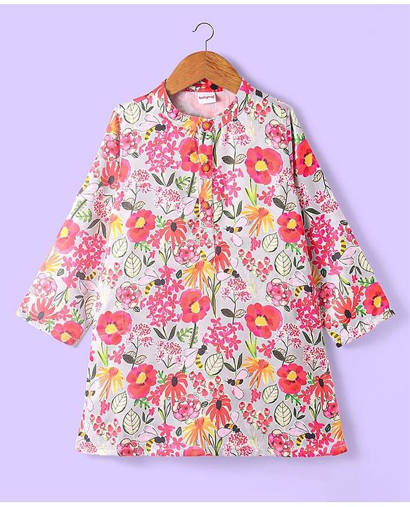 Babyhug Cotton Woven Full Sleeves Floral Printed Kurta with Solid Colour Dhoti Set - Pink & White