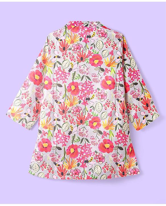 Babyhug Cotton Woven Full Sleeves Floral Printed Kurta with Solid Colour Dhoti Set - Pink & White
