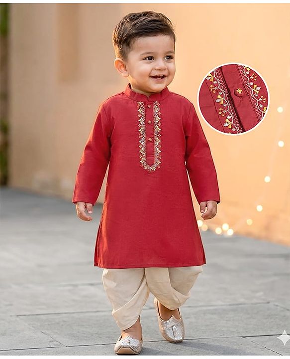 Babyhug Woven Full Sleeves Embroidery Kurta & Dhoti Set -  Red